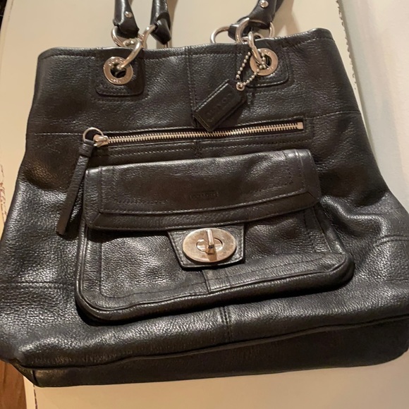 Authentic Coach Black Soft Leather Purse Shoulder Bag with Mint Teal Lining - Picture 1 of 10